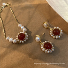 Shangjie Oem Joyas Vintage Red Achate Armband &amp; Ohrringe Schmuckset 925 Silbernadel Süßwasserperlen Sonnenblumenschmuck Set